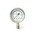 Pressure gauge with white face and silver casing on a white background