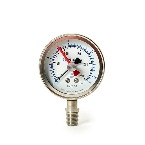 Pressure gauge with a white face and metal casing on a white background
