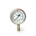 Pressure gauge with white face and metal casing on a white background